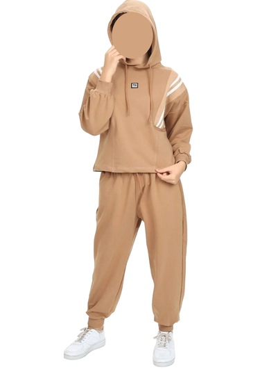 Kız Çocul Çizgi Şerit Detaylı Kapüşonlu Jogger Model Açık Kahverengi Renk Eşofman Takımı Açık Kahverengi Kız Çocul Çizgi Şerit Detaylı Kapüşonlu Jogger Model Açık Kahverengi Renk Eşofman Takımı Açık Kahverengi