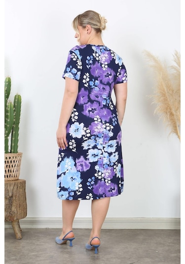Kadın Mavi Mor Kırçiçeği Desen Midi Elbise Mavi