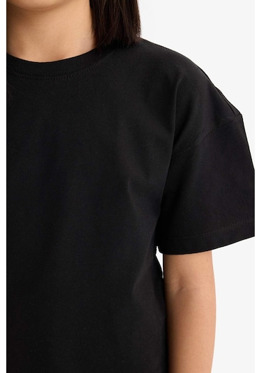 DeFacto Kız Çocuk Relax Fit Bisiklet Yaka Basic Düz Kısa Kollu Tişört Z5095A625SMBK27 Siyah