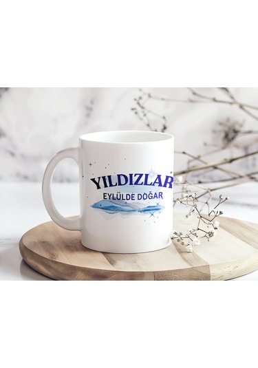 Yıldızlar Eylülde Doğar Yazılı Doğum Günü Kupa Bardak Mavi Işıltılı Gökyüzü Tasarım Hediye Beyaz