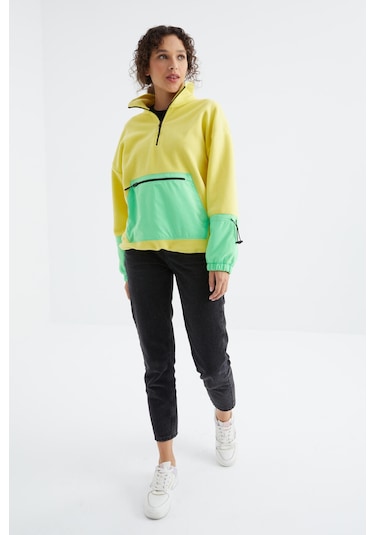Tommy Life Limon Etek Ucu Büzgülü Yarım Fermuarlı Oversize Kadın Polar Sweatshirt - 97238 Limon Sarısı