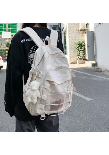 Ebitda Bej Kore Tarzı Lise Sırt Çantası Genç Kızlar İçin Moda Rahat Büyük Kapasiteli Öğrenci Kitap Çantası Çok Cepli Toka Tasarımı Bej