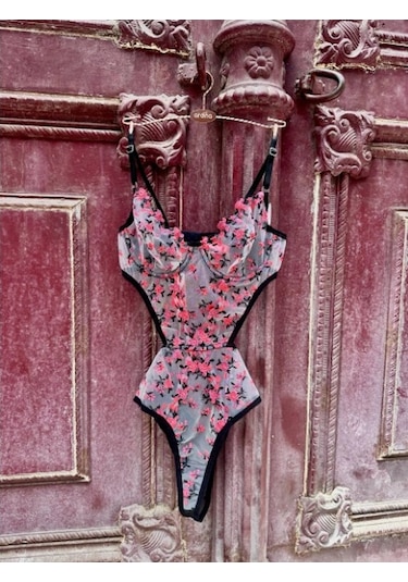 Arona Kadın Transparan Çiçek Desenli Tül Siyah Bodysuit Siyah Çiçekli