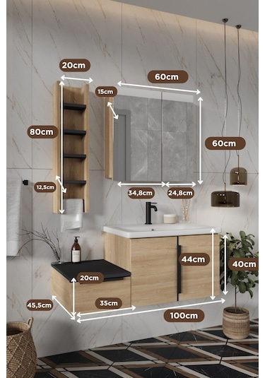 Zakkum 100 Cm %100 Mdf Lavabolu Banyo Dolabı Lefkas Meşe