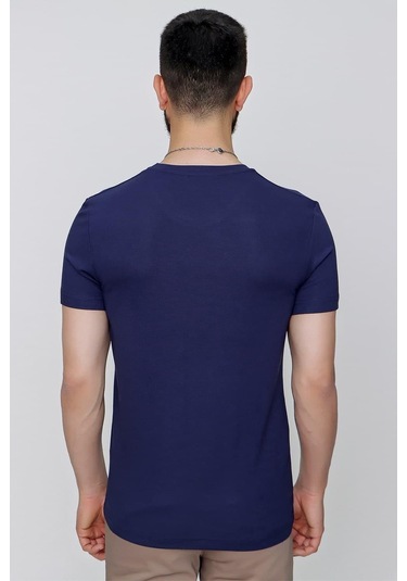 Slim Fit Bisiklet Yaka Düz Pamuklu Lacivert Tişört Ts 823 Lacivert