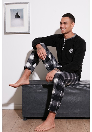 Buratti Ekose Regular Fit Bisiklet Yaka Kışlık Polar Erkek Pijama Takımı 609610013W4 Siyah-Beyaz