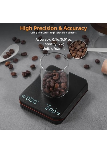 Honeybeeshop Siyah Hotu Otomatik Zamanlayıcılı Küçük Espresso Terazisi 0 1g 2kg Usb Şarjlı Dijital Kahve Terazisi Led Ekran Siyah