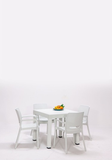 Rattan Beyaz Kollu 4 Sandalye Masa Takımı - Bahçe&Balkon&Teras Beyaz