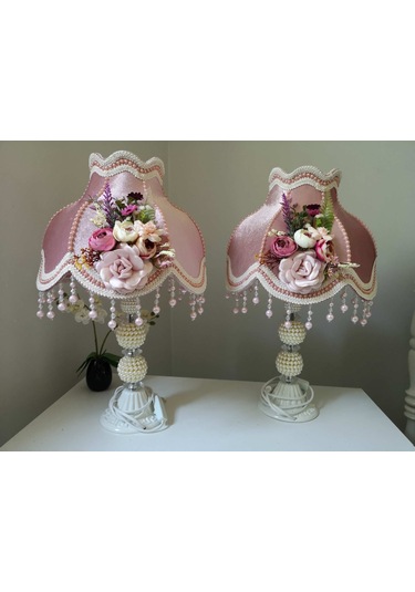 İki Adet Çiçek Dekorlu Gülkurusu Abajur Özel Tasarım Dekoratif Eş