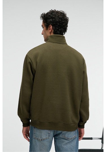 Grimelange Baxter Erkek Dik Yakalı Fermuarlı Relaxed Koyu Haki Sweatshirt Koyu Haki