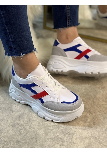 Günlük Kadın Sneaker Kalın Yüksek Taban Bağcıklı Rahat Tiger Şeritli Spor Ayakkabı 032 10-taş Saks Mavi Kırmızı