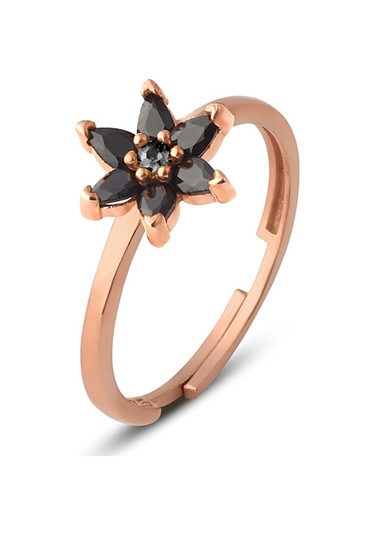 Zanaatsilver Gümüş, Siyah Taşlı Rose Kaplama Nilüfer Çiçeği YüzüK