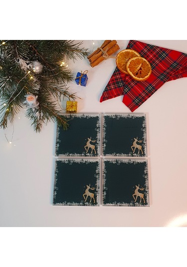 Decorita Cam Bardak Altlığı Yeni Yıl Kar Çerçeveli 4'lü Takım Çok Renkli