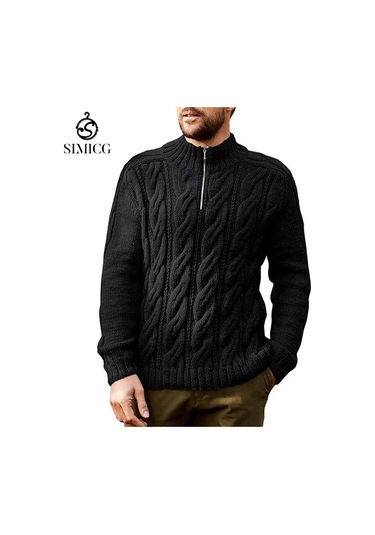 Sonbahar Ve Kış Yeni Düz Renk Fermuarlı Yarı Açık Yaka Uzun Kollu Erkek Kazağı Siyah