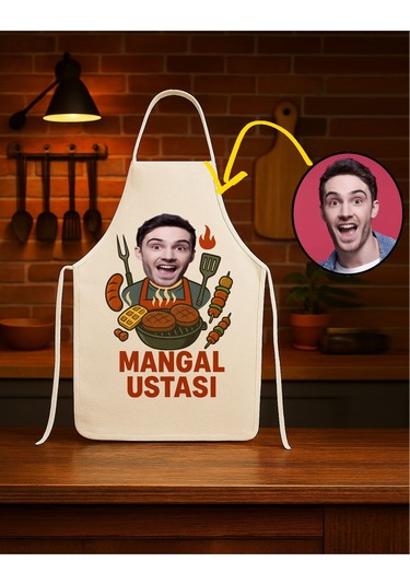 Kişiye Özel Karikatür Fotoğraflı Mutfak Önlüğü Mangal Ustası Krem