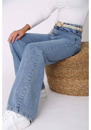 Lavajeans Behc Kadın Orta Mavi Likralı Süper Yüksek Bel Geniş Paça Jean Mavi