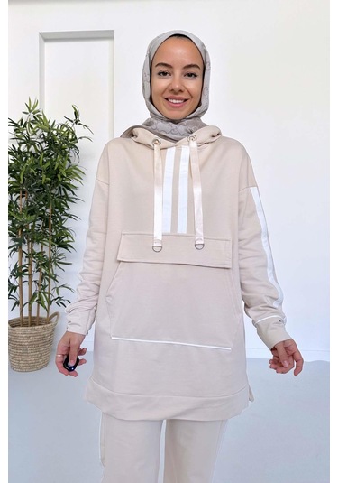 Kanguru Cep Şerit Detay İki İplik Takım - Bej