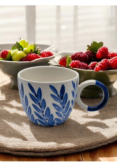 Seramik Kupa Bardak Mavi Yapraklı Tasarım