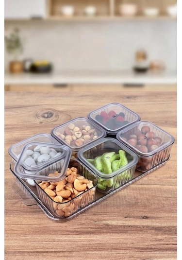 Kapris Seti-F-602 Midi Mix Kapaklı Tepsili Akrilik Kahvaltılık ve Sunum Seti Parça Şeffaf