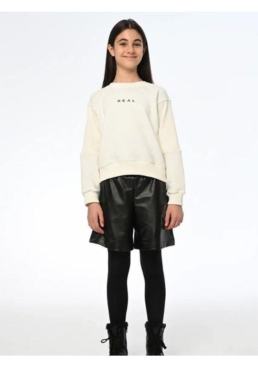 Kız Çocuk Real Yazılı Kısa Sweatshirt-13540 Ekru