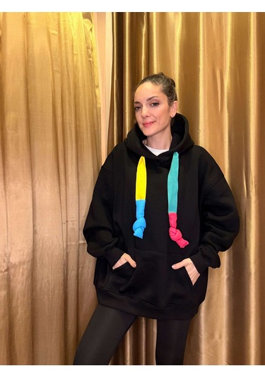 Ali Butik Renkli Kordon Detaylı Siyah Sweatshirt Siyah