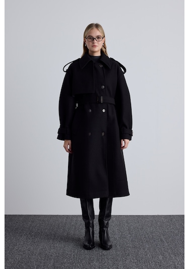 Apolet Detaylı Kaşe Kaban Siyah