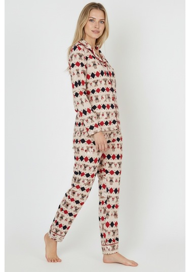Luxury Soft Ekru Desenli Uzun Kollu Kadın Pijama Takımı 3028 Ekru