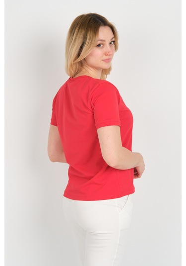 Sistas Kadın Baskı Desenli V Yaka Kısa Kollu Pamuklu Bluz 24100 Kırmızı Kırmızı