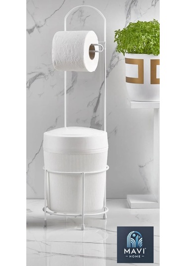 Kovalı Tuvalet Kağıtlığı, Çöp Kovalı Tuvalet Kağıdı Askısı, Banyo Çöp Kovası, Tuvalet Kağıtlık Beyaz