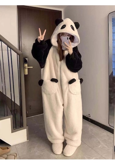 Kadife Panda Pijama Kadın Sonbahar Ve Kış Giyilebilir Kalınlaştırılmış Peluş Sıcak Ev Giysileri Xl Krem Krem