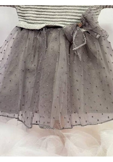 Cantoy Kız Bebek Triko Tüllü Şık Elbise-15380 Gri