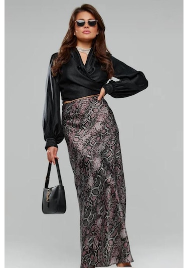 Madmext Lila Desenli Saten Kadın Uzun Etek Mg2333 Lila