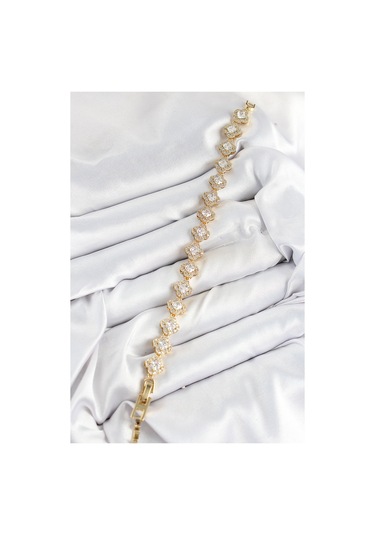 Pirinç Zirkon Taşlı Yonca Baget Model Gold Renk Vıp Seri Kadın Bileklik Altın