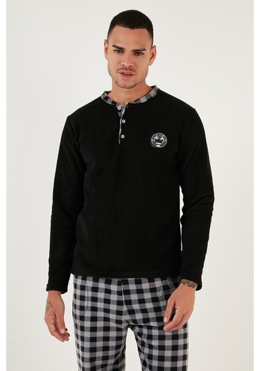 Buratti Ekoseli Regular Fit Düğmeli Bisiklet Yaka Kışlık Polar Erkek Pijama Takımı 60961002 Siyah