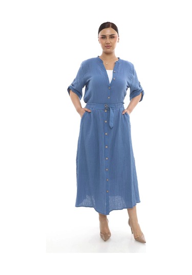 Büyük Beden Kadın Astarlı Müslin Kumaş Düğmeli Cepli Uzun Etek İndigo Mavi