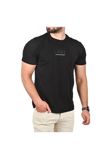 Deepsea Erkek Siyah Nefes Alan Pamuklu Tişört Bisiklet Yaka Dar Kesim Yumuşak Dokulu Tişört 2504352 Siyah