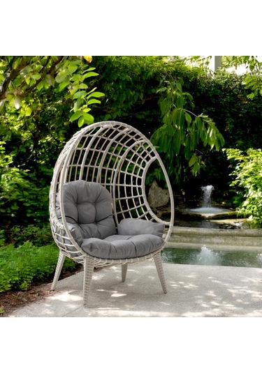 Egg Chair Tekli Rattan Bahçe Koluğu Rehome Minderli Oval Lounge Beyaz