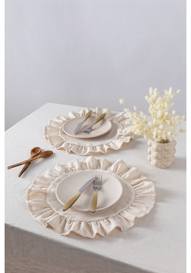 Wellstil Rufle 6'lı Keten Yuvarlak Amerikan Servisi 40cm Bej