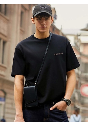 Erkek Siyah Oversize Caution Baskılı T-shirt Siyah