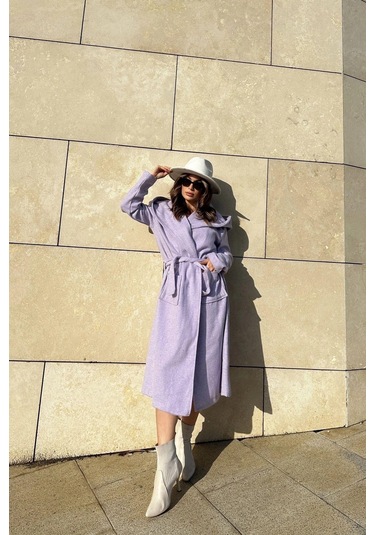 Kadın Lila Kruvaze Yaka, Kapüşonlu, Çift Cepli, Beli Kemerli, Uzun Kaşe Kaban Astarsız Lila