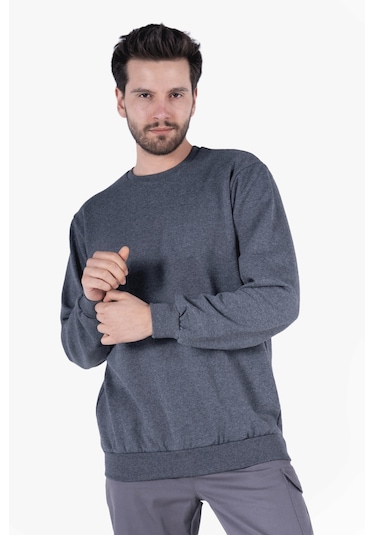 2 İplik Bisiklet Yaka Sweatshirt Füme Melanj