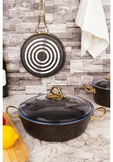 Çarşıdayız Stil 7 Parça Siyah Gold Granit Tencere Seti 26 Cm Siyah