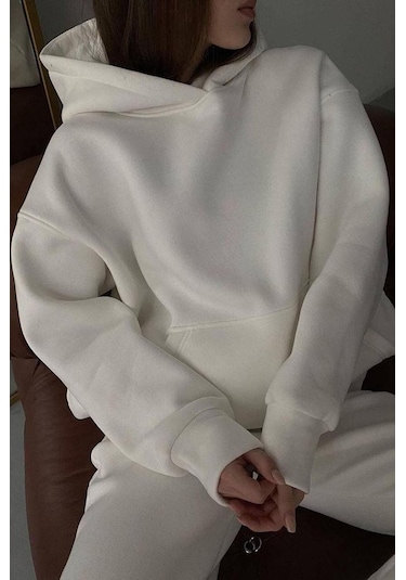 Madmext Beyaz Kapüşonlu Şardonlu Oversize Sweatshirt Mg1566 Beyaz