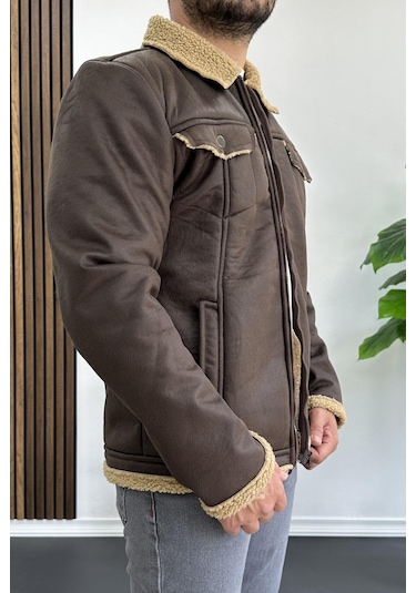 Erkek İçi Kürklü Suni Pul Deri Mont Kahverengi Edw120-kahverengi Kahverengi