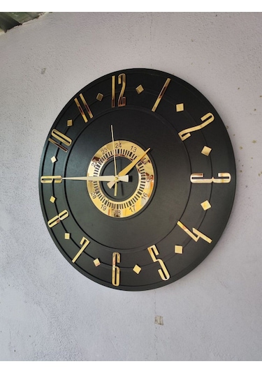 Siyah Renk Gold Sayılı Hediyelik Ahşap Dekoratif Ev Hediyelik Duvar Saati 50cm Gold - Siyah