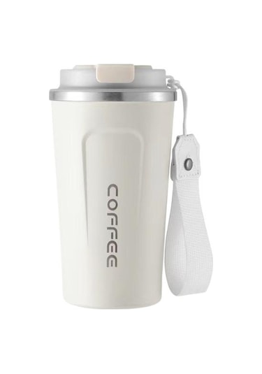 Beyaz Mühür Kapaklı Seyahat Kahve Kupa Dökülmeye Dayanıklı Yalıtımlı Çevre Dostu Kolay Tek Elle İçme Paslanmaz