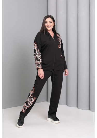 Kapüşonlu Fermuarlı Baskılı Takım Siyah