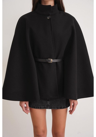 4768 Kadın Kemerli Panço Premium Kaşe Ceket Siyah Siyah