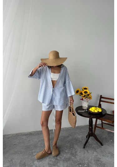 Moderie Butik Çizgili Tunik -şort Takım - Mavi