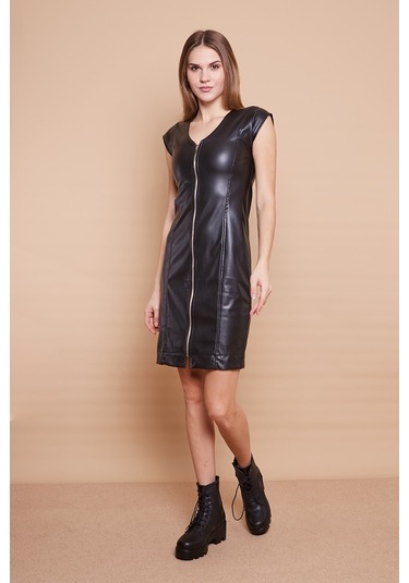 Ekolojik Suni Deri V Yaka Düşük Omuzlu Önü Fermuarlı Elbise -siyah Siyah